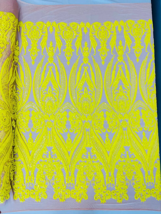 Empire damask design with sequins embroider on a Nude 4 way stretch mesh fabric-sold by the yard. Bright Yellow