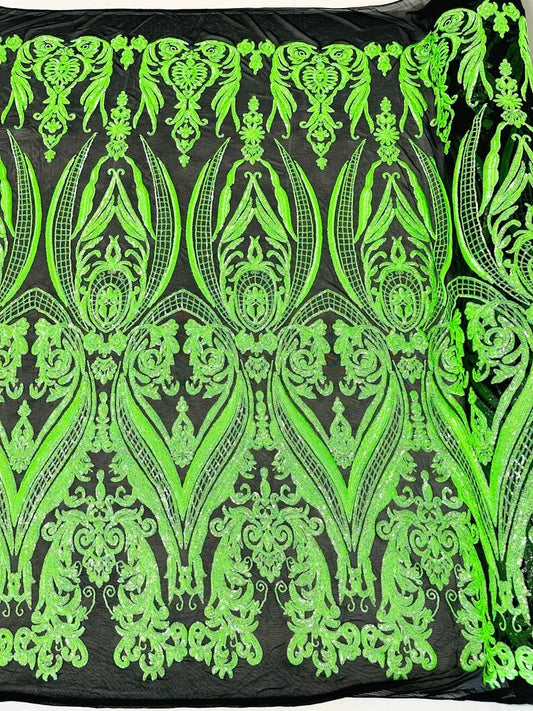 Empire damask design with sequins embroider on a black 4 way stretch mesh fabric-sold by the yard. Green Iridescent