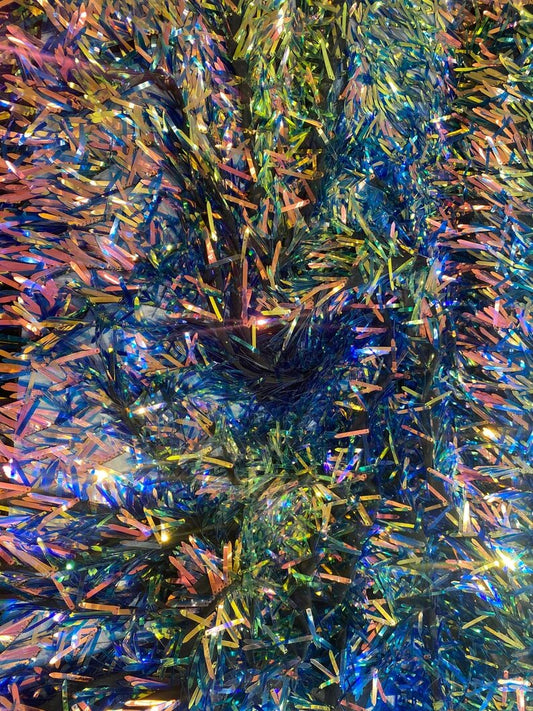 Iridescent sequin Swords Design on black mesh, Burning Man Costume Craft Fabric By The Yard. Royal