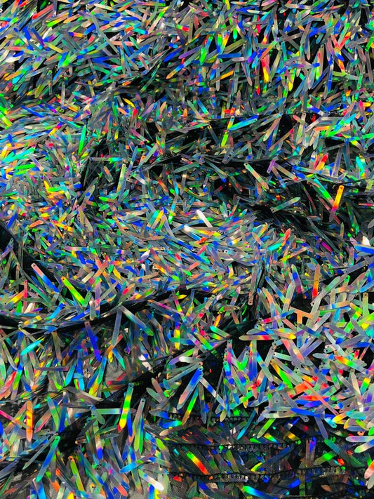 Iridescent sequin Swords Design on black mesh, Burning Man Costume Craft Fabric By The Yard. Silver