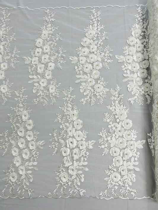 3D Floral Design Embroider and Beaded With Rhinestones on a Mesh Lace-Prom-Fashion-Sold by Yard. Ivory