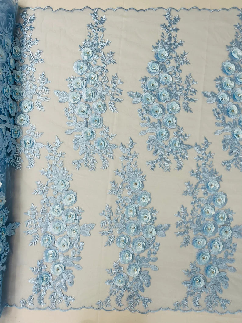 3D Floral Design Embroider and Beaded With Rhinestones on a Mesh Lace-Prom-Fashion-Sold by Yard. Light Blue