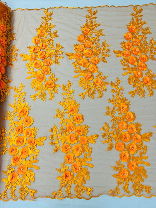 3D Floral Design Embroider and Beaded With Rhinestones on a Mesh Lace-Prom-Fashion-Sold by Yard. Orange