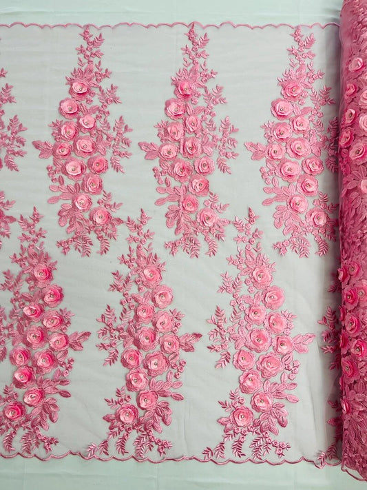 3D Floral Design Embroider and Beaded With Rhinestones on a Mesh Lace-Prom-Fashion-Sold by Yard. Candy Pink