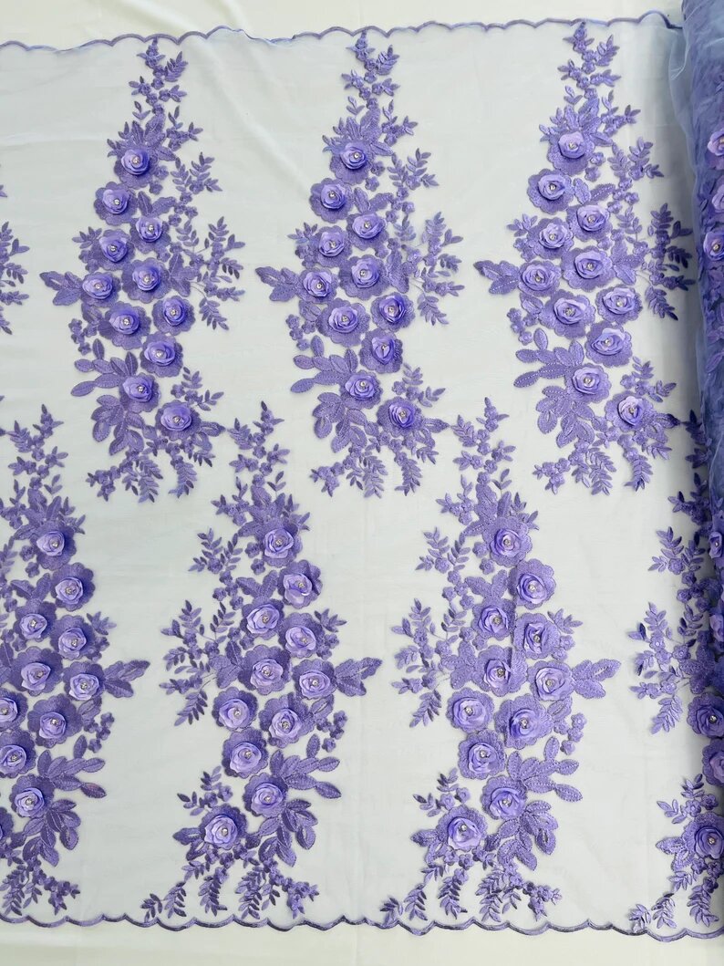 3D Floral Design Embroider and Beaded With Rhinestones on a Mesh Lace-Prom-Fashion-Sold by Yard. Lavender