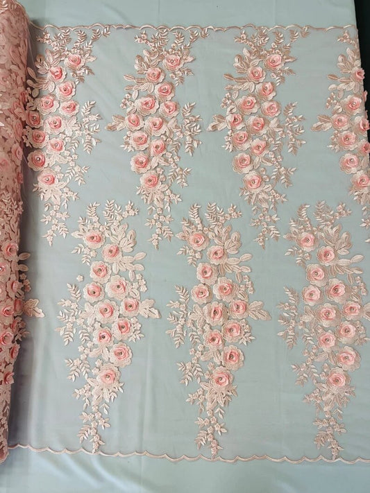 3D Floral Design Embroider and Beaded With Rhinestones on a Mesh Lace-Prom-Fashion-Sold by Yard. Pink