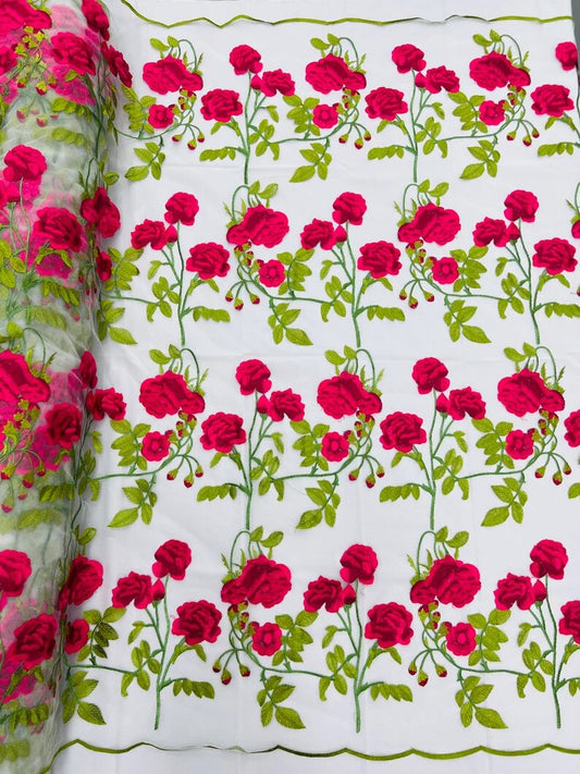 Multi color floral design embroider on a white mesh lace-dresses-apparel-fashion-prom-nightgown-decorations-sold by the yard. Fuchsia/White