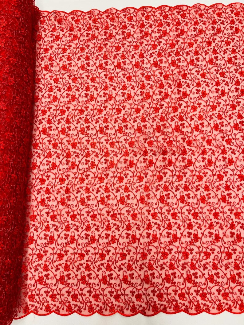 Corded flowers embroider with sequins on a mesh lace fabric-sold by the yard- Red