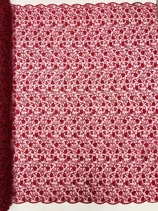 Corded flowers embroider with sequins on a mesh lace fabric-sold by the yard- Burgundy Metallic