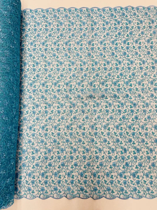 Corded flowers embroider with sequins on a mesh lace fabric-sold by the yard- Sky Blue Metallic