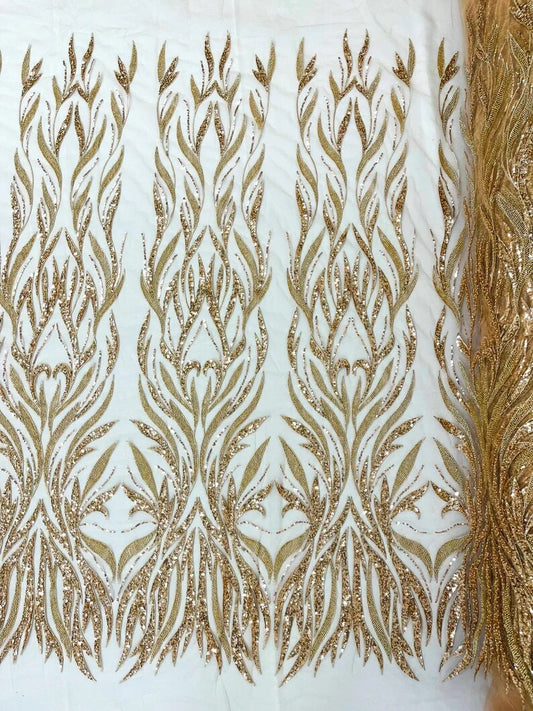 Royalty Fabrics Fashion Damask hand beaded design embroider on a mesh lace-prom-sold by the yard. Rose Gold