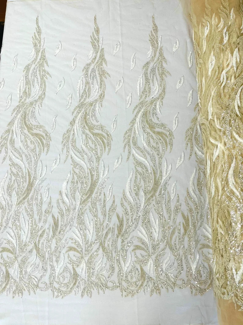Royalty Fabrics Fire/Flames hand beaded design embroider on a mesh lace-prom-sold by the yard. Beige