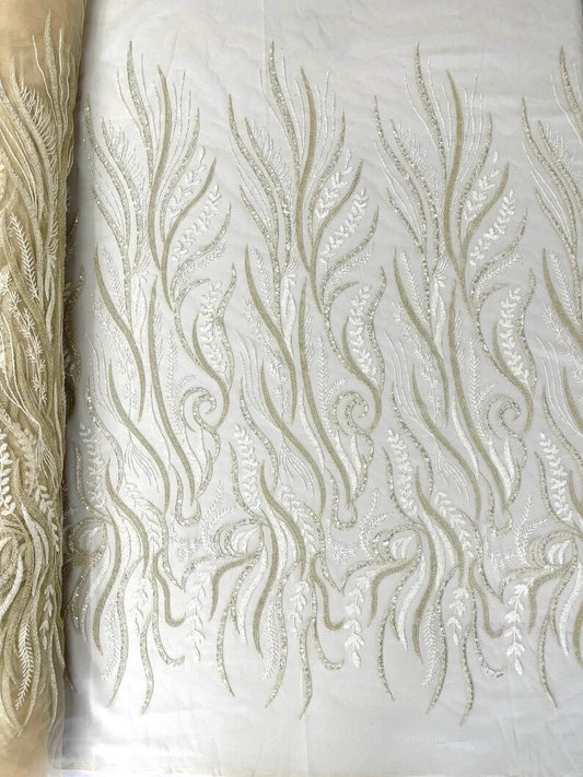 Royalty Fabrics Feathers hand beaded design embroider on a mesh lace-prom-sold by the yard. Beige