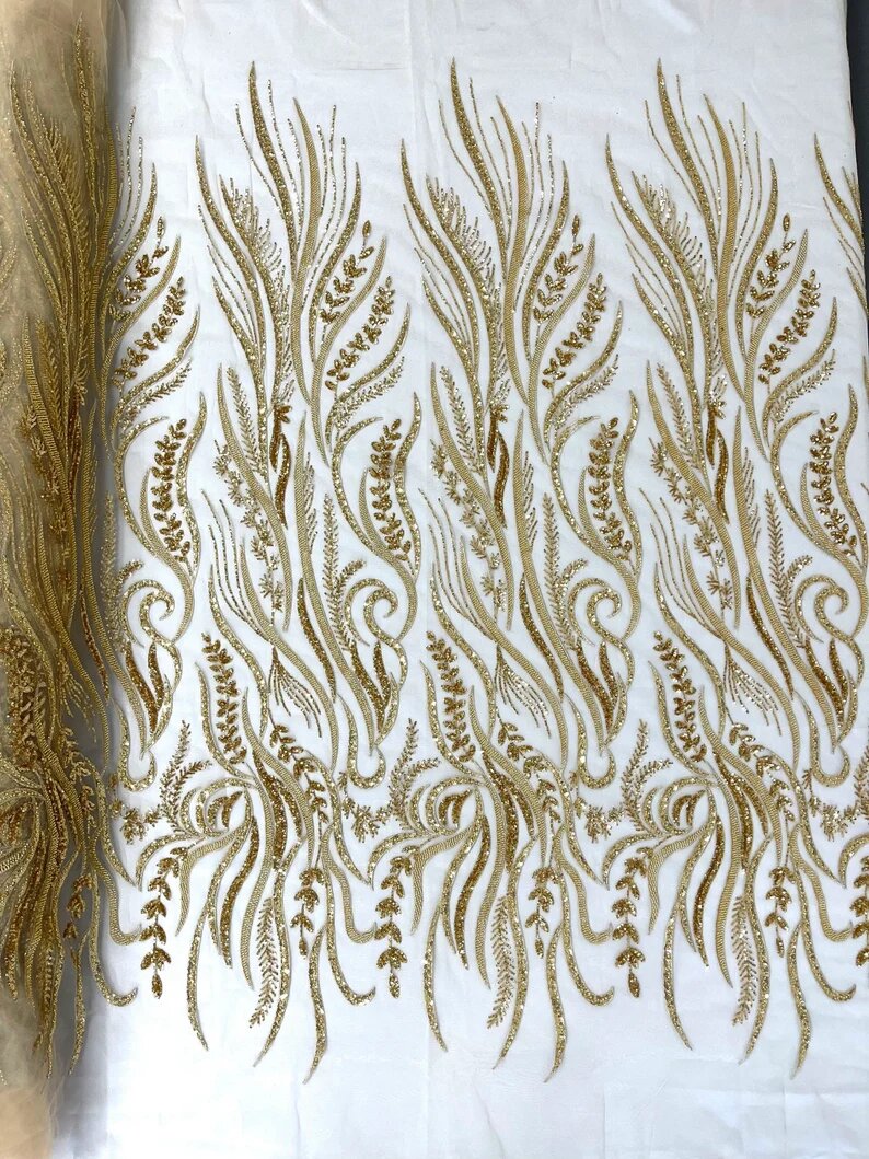 Royalty Fabrics Feathers hand beaded design embroider on a mesh lace-prom-sold by the yard. Gold