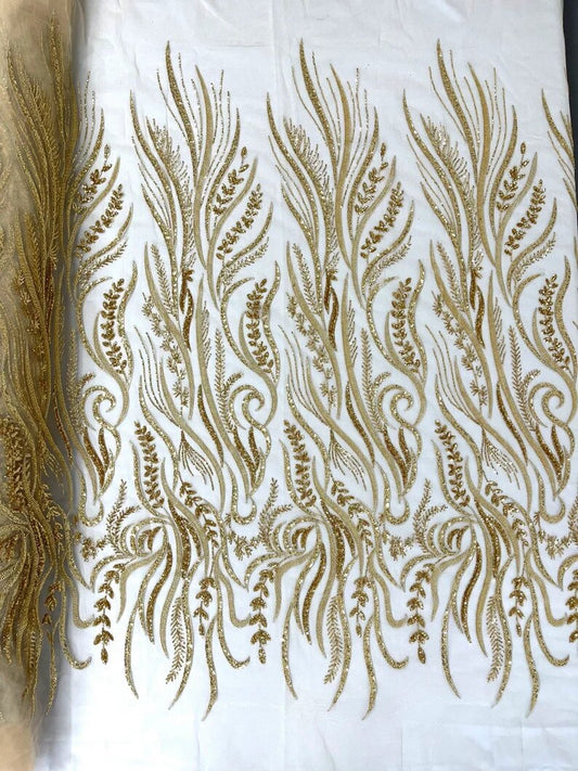 Royalty Fabrics Feathers hand beaded design embroider on a mesh lace-prom-sold by the yard. Gold