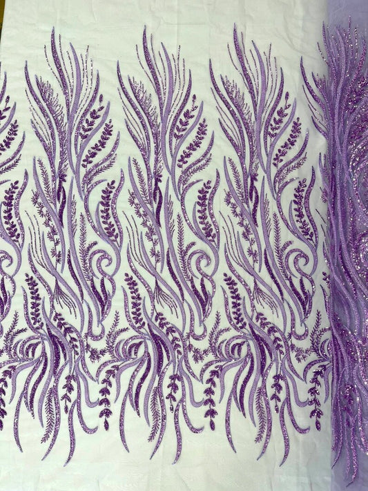 Royalty Fabrics Feathers hand beaded design embroider on a mesh lace-prom-sold by the yard. Lavender