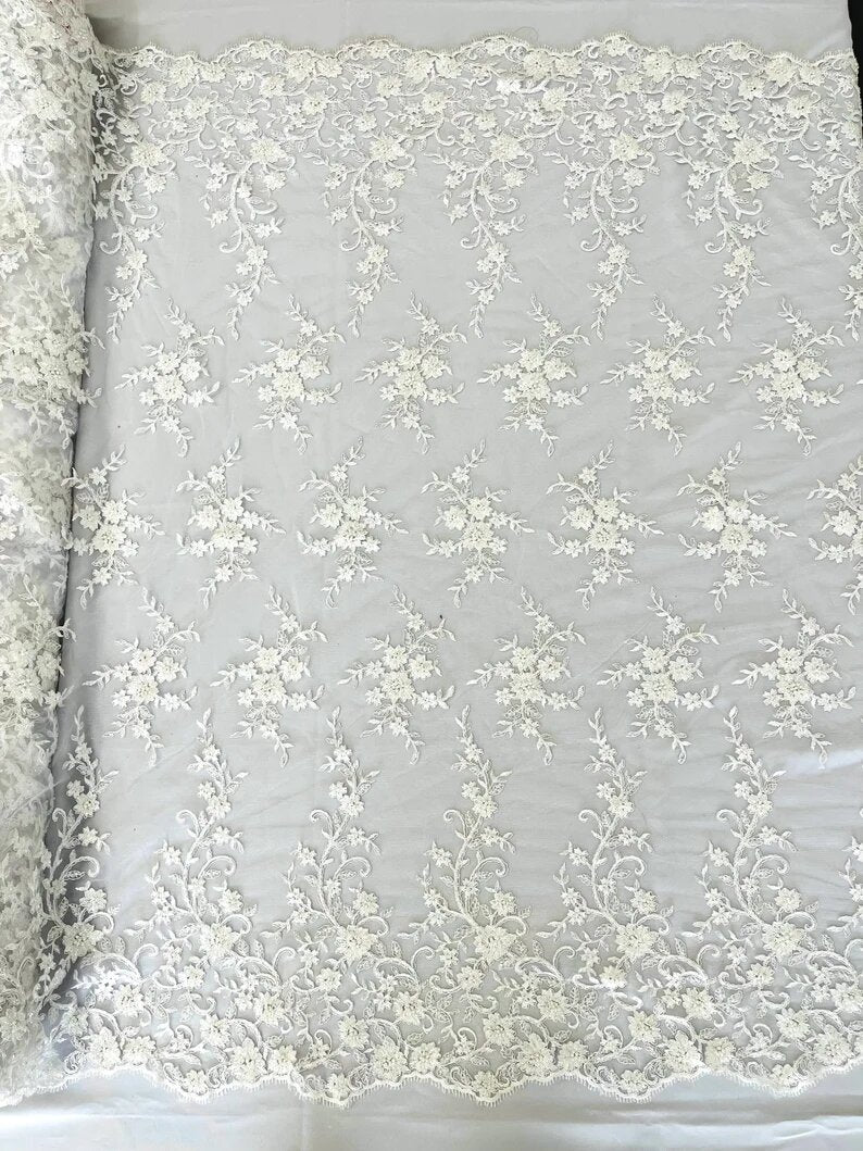 Royalty Fabrics Floral hand beaded design embroider on a mesh lace-prom-sold by the yard. White