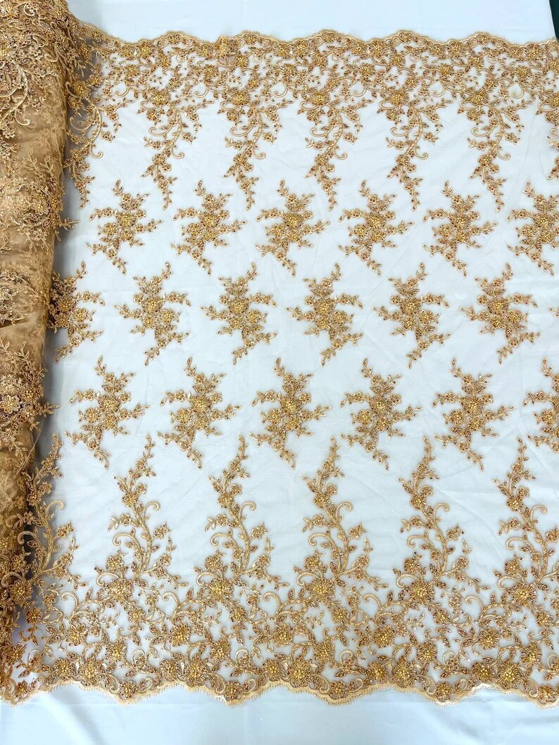 Royalty Fabrics Floral hand beaded design embroider on a mesh lace-prom-sold by the yard. Rose Gold