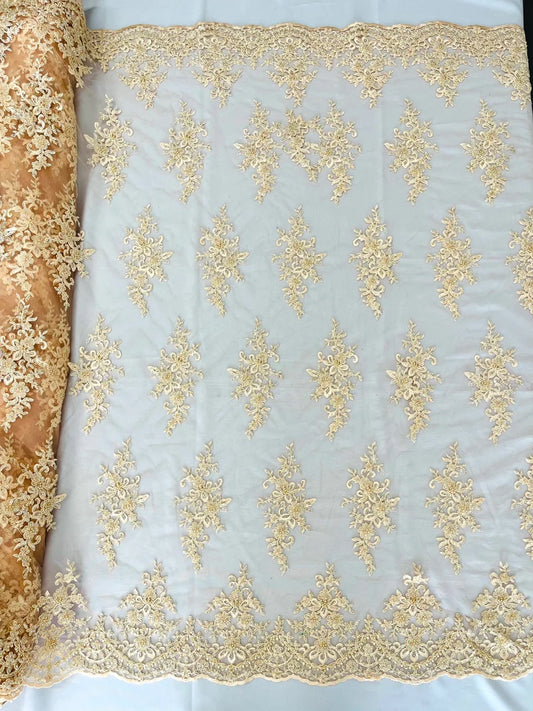 Royalty Fabrics Damask hand beaded design embroider on a mesh lace-prom-sold by the yard. Blush
