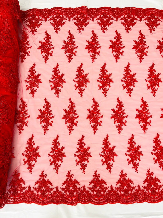 Royalty Fabrics Damask hand beaded design embroider on a mesh lace-prom-sold by the yard. Red