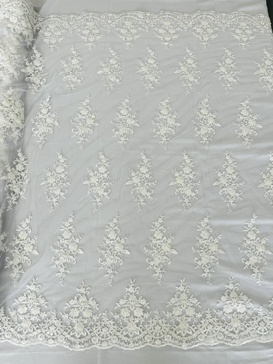 Royalty Fabrics Damask hand beaded design embroider on a glitter mesh lace-prom-sold by the yard. White