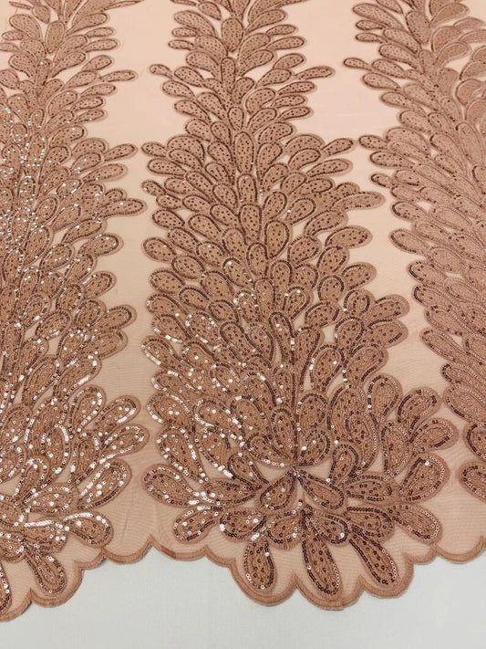 Royalty Feathers Peacock with Embroidery sequins on stretch Mesh Lace Fabric (By 3 Panels) Dusty Rose