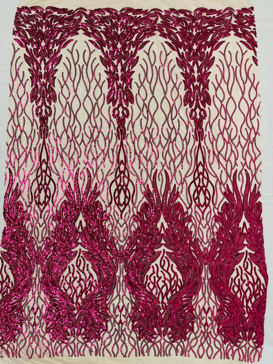 New Empire damask design with sequins embroider on a 4 way stretch mesh fabric-sold by the yard. Fuchsia