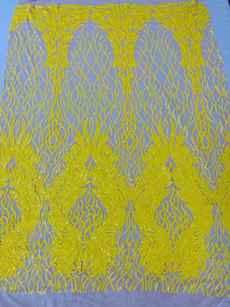 New Empire damask design with sequins embroider on a 4 way stretch mesh fabric-sold by the yard. Yellow