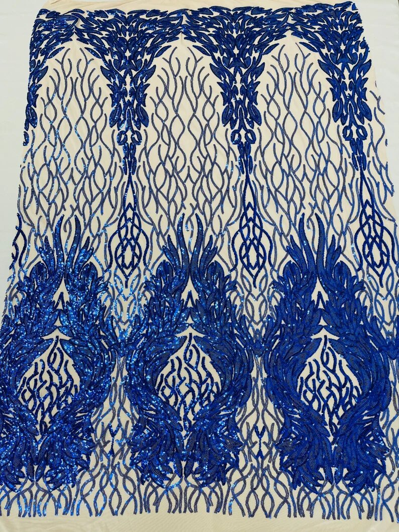 New Empire damask design with sequins embroider on a 4 way stretch mesh fabric-sold by the yard. Royal