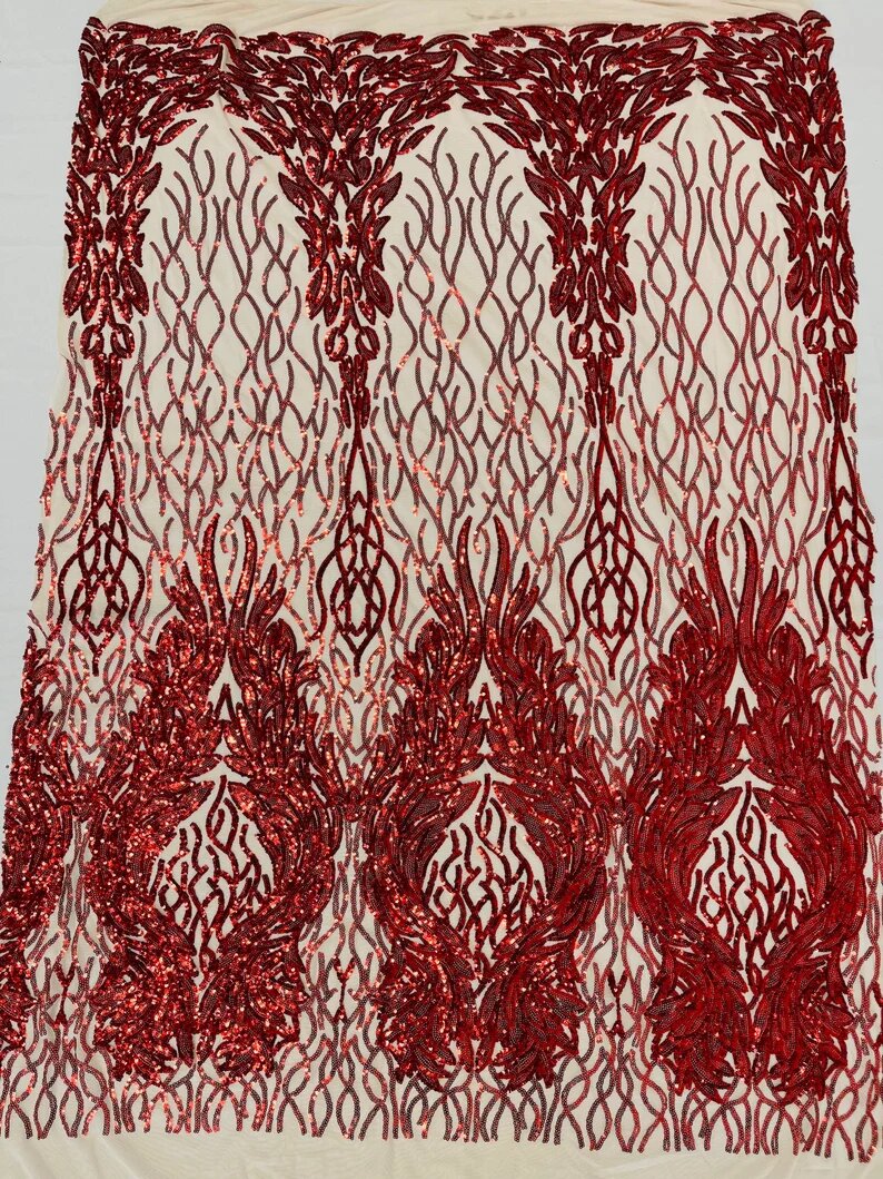 New Empire damask design with sequins embroider on a 4 way stretch mesh fabric-sold by the yard. Red