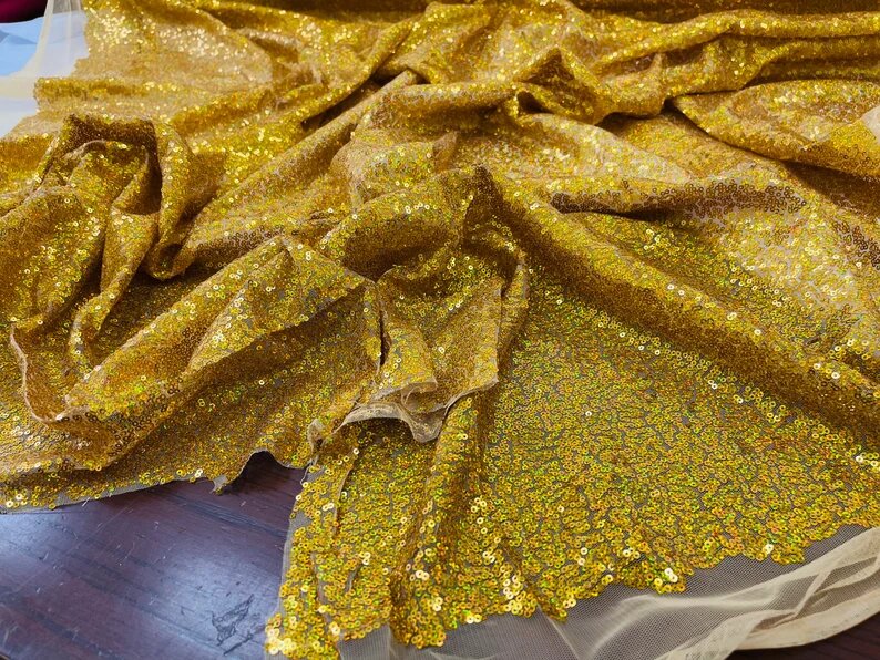 Iridescent Mermaid Fish Scales-Mini Glitz Sequins Embroider on a 2 Way Stretch Mesh Fabric-Sold by the Yard- Dk Gold