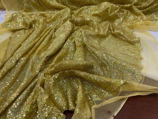 Iridescent Mermaid Fish Scales-Mini Glitz Sequins Embroider on a 2 Way Stretch Mesh Fabric-Sold by the Yard- Gold