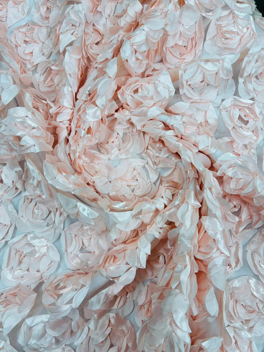3D Rosette Embroidery Satin Rose Flowers Floral Mesh Fabric by the yard Light Pink