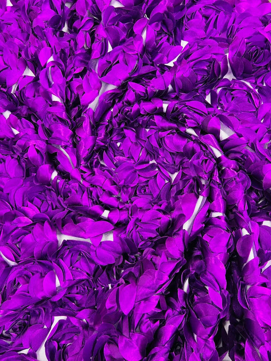 3D Rosette Embroidery Satin Rose Flowers Floral Mesh Fabric by the yard Purple