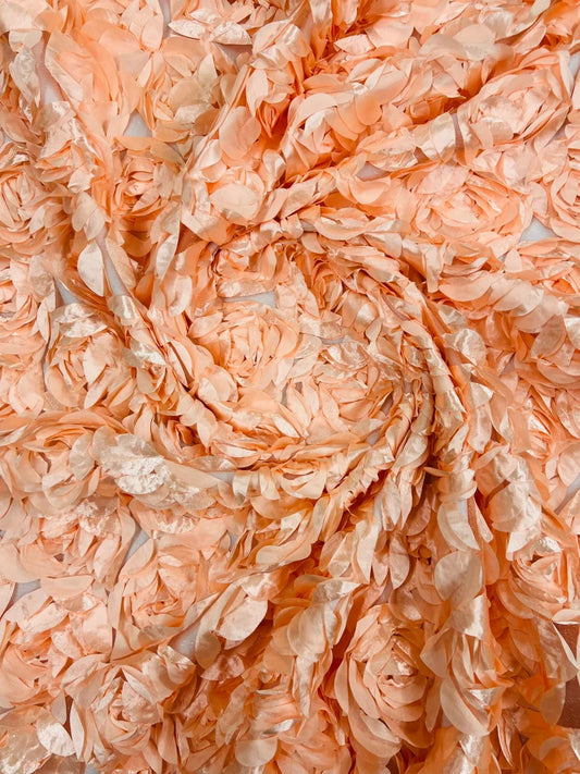 3D Rosette Embroidery Satin Rose Flowers Floral Mesh Fabric by the yard Peach