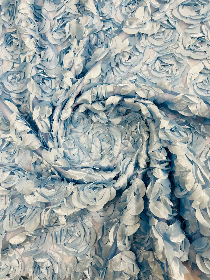 3D Rosette Embroidery Satin Rose Flowers Floral Mesh Fabric by the yard Light Blue