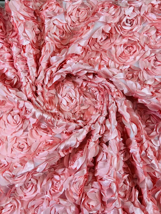 3D Rosette Embroidery Satin Rose Flowers Floral Mesh Fabric by the yard Blush Pink