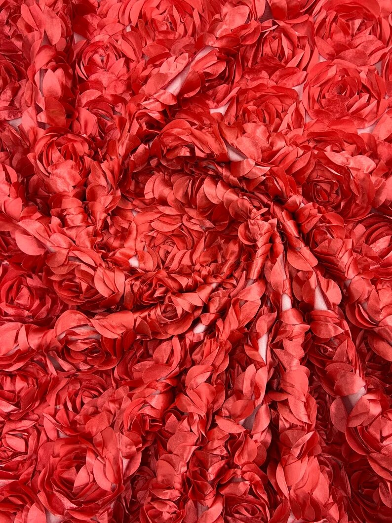 3D Rosette Embroidery Satin Rose Flowers Floral Mesh Fabric by the yard Coral