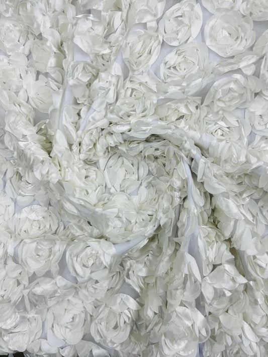 3D Rosette Embroidery Satin Rose Flowers Floral Mesh Fabric by the yard Off White