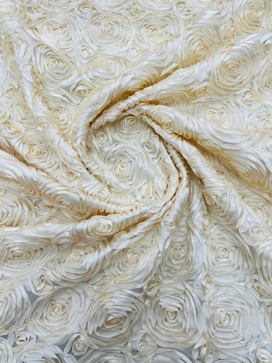 3D Rosette Embroidery Satin Rose Flowers Floral on a satin Fabric by the yard. Cream