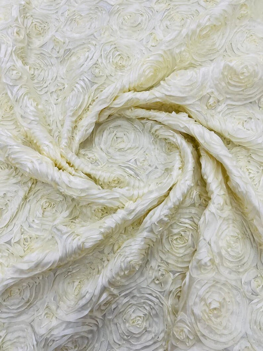 3D Rosette Embroidery Satin Rose Flowers Floral on a satin Fabric by the yard. Ivory