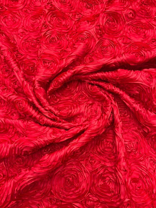 3D Rosette Embroidery Satin Rose Flowers Floral on a satin Fabric by the yard. Red
