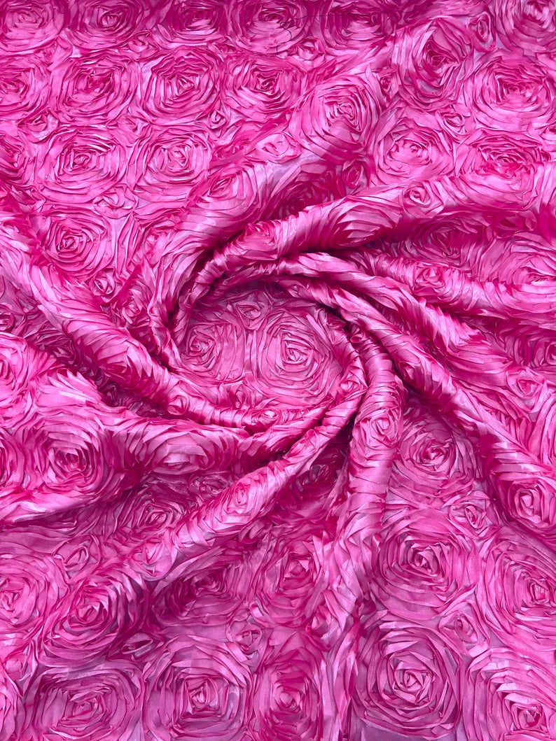 3D Rosette Embroidery Satin Rose Flowers Floral on a satin Fabric by the yard. Candy Pink