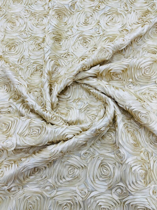 3D Rosette Embroidery Satin Rose Flowers Floral on a satin Fabric by the yard. Beige