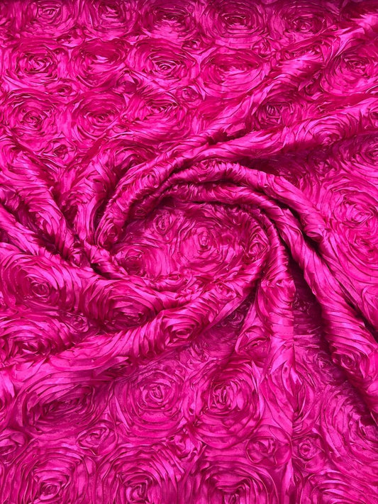 3D Rosette Embroidery Satin Rose Flowers Floral on a satin Fabric by the yard. Fuchsia