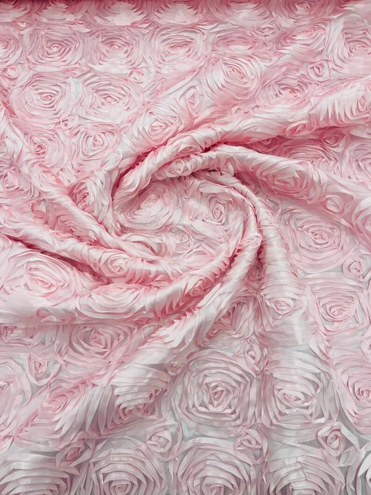 3D Rosette Embroidery Satin Rose Flowers Floral on a satin Fabric by the yard. Light Pink