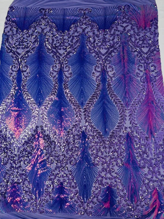 Iridescent/lavender Two tone damask design with sequins embroider on a 4 way stretch mesh fabric-sold by the yard. Rainbow