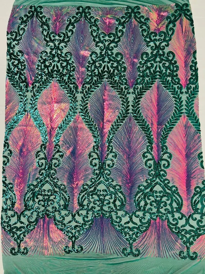 Iridescent/Hunter Green Two tone damask design with sequins embroider on a 4 way stretch mesh fabric-sold by the yard. Rainbow