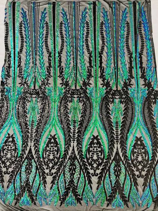 Two tone damask design with sequins embroider on a 4 way stretch mesh fabric-sold by the yard. Green Iridescent/Black