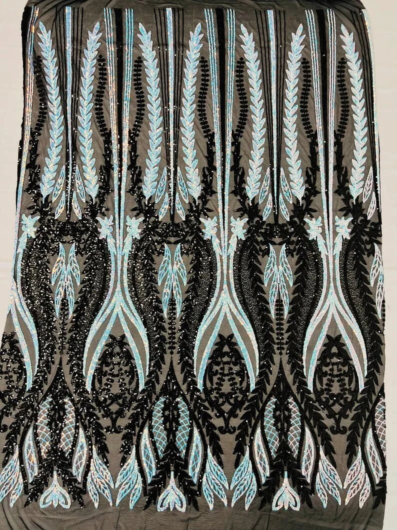 Two tone damask design with sequins embroider on a 4 way stretch mesh fabric-sold by the yard. Aqua Iridescent/Black
